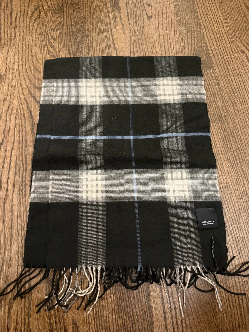 Lord & Taylor Black and Gray Plaid Fringe Scarf